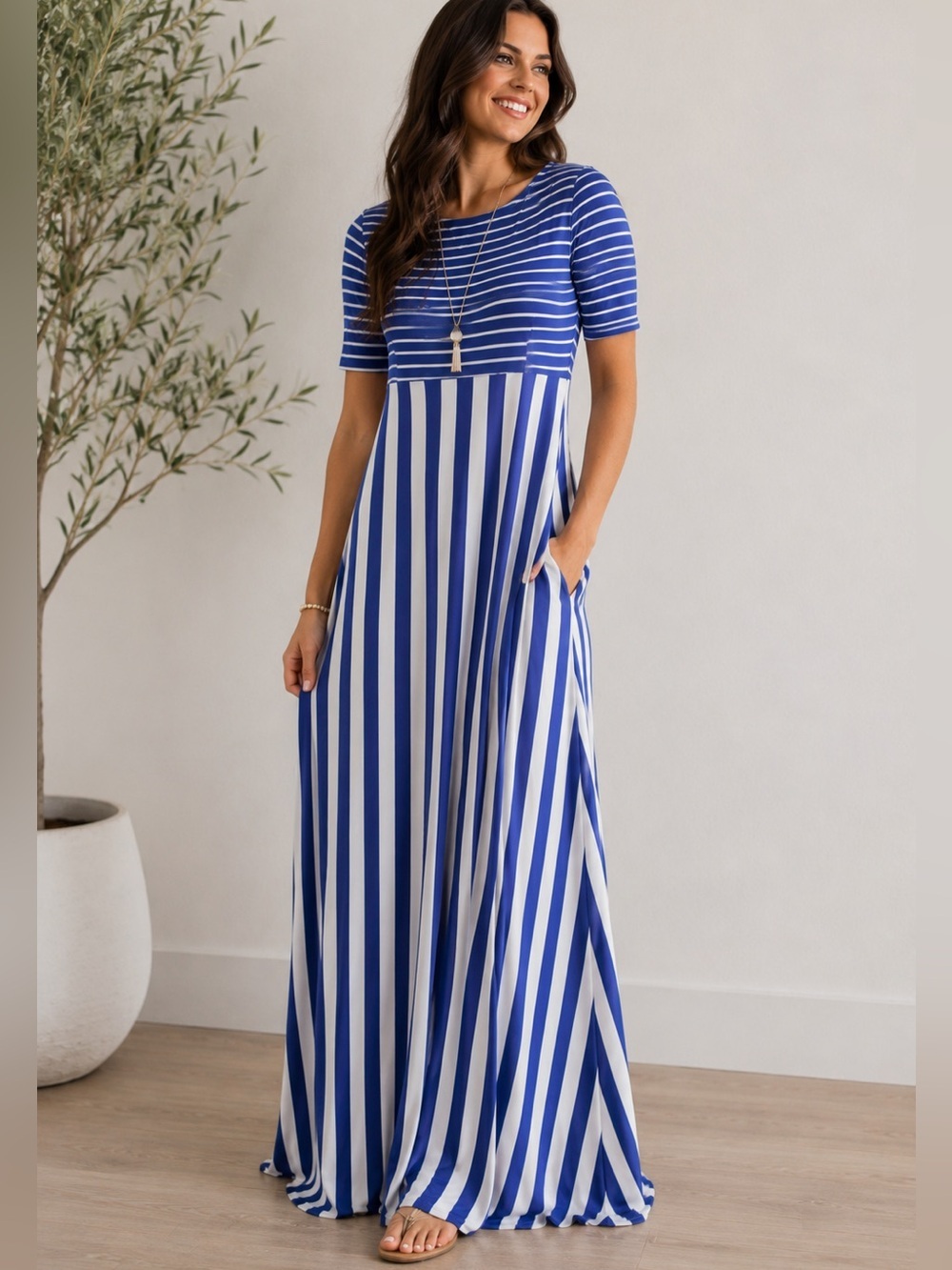 Matilda Jane Maxi Dress Small The Road Ahead Blue Stripe Maxi Pockets Long J
